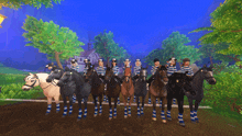 a group of people riding horses in a game