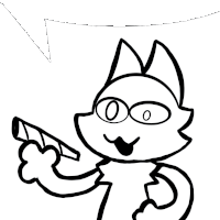 a black and white drawing of a cat holding a gun with a speech bubble above it