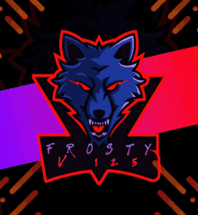 a logo for frosty with a blue wolf head