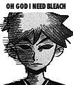 a black and white drawing of a boy with the words `` oh god i need bleach '' written on it .