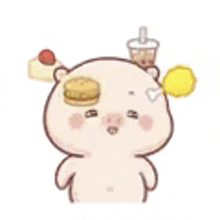 a cartoon pig with a hamburger , cake , and a drink on its head .