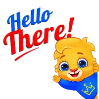 a cartoon character with a blue shirt and a crown says hello there