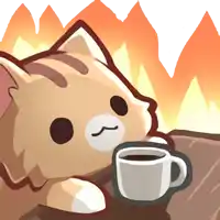 a cat with a cup of coffee in front of a fire