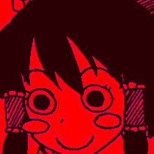 a pixel art drawing of a girl with pigtails and big eyes smiling .