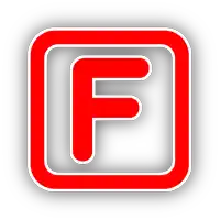 a red square with a white border and the letter f inside