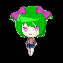 a chibi girl with green hair and purple bows on her head .