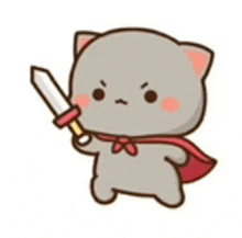 a cartoon cat is holding a sword and wearing a red cape .