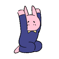 a cartoon of a pink bunny in a bow tie stretching his arms