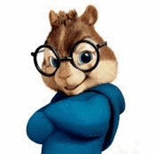 a cartoon chipmunk wearing glasses and a blue hoodie .