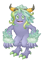 a purple monster with horns and green hair is smiling