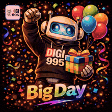 a pixel art illustration of a robot holding balloons and a gift for digi 995