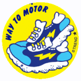 a sticker that says " way to motor " with a blue shoe on it