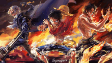 a drawing of three anime characters including luffy and ace