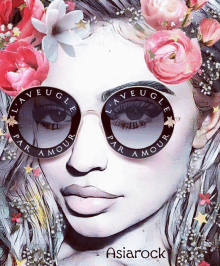 a painting of a woman wearing sunglasses with the words par amour on them