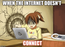 when the internet does n't connect a girl is sitting at a desk with a laptop