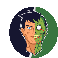 a cartoon drawing of a man with half of his face turned to a zombie