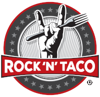 a logo for rock 'n ' taco has a hand holding a fork