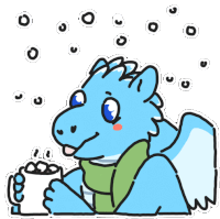 a blue dragon is holding a cup of hot chocolate