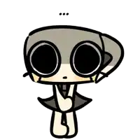 a drawing of a cartoon character with big eyes and a gray head