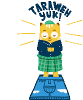 a cartoon cat standing on a rug with the words taraweh yuk