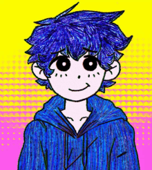 a drawing of a person with blue hair and a blue hoodie