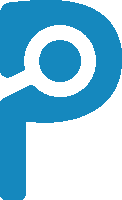 a blue letter p with a white circle around it on a white background