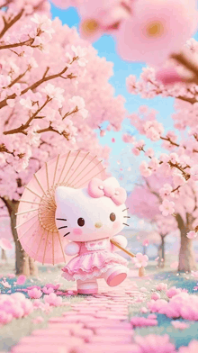 hello kitty is holding a pink umbrella in a field of cherry blossoms