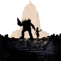 a silhouette of a robot and a girl standing in the water