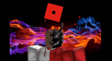 a roblox character with horns and a red square on his head