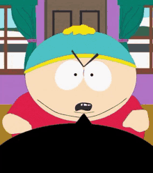 a cartoon character from south park is sitting in front of a window in a room .