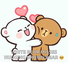a cartoon of two teddy bears hugging with the words white bear misses hugging brown bear