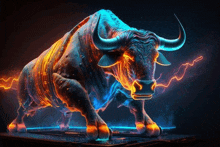 a bull with glowing horns is standing on a table with a lightning bolt coming out of its mouth .