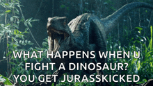 a picture of a dinosaur with the words what happens when u fight a dinosaur you get jurasskicked