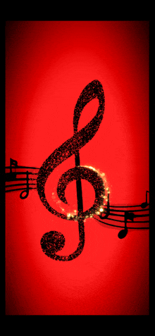 a red treble clef is surrounded by black music notes