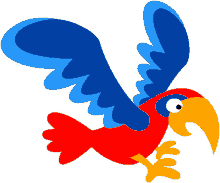 a colorful cartoon parrot with blue wings and a yellow beak