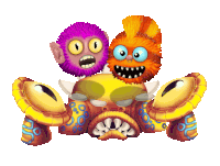 a purple monkey and an orange monster are sitting on top of each other