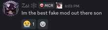 a screenshot of a chat with zai and mcr at 6:03 pm