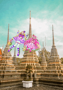 a drawing of two girls flying over a temple with a tree in the foreground