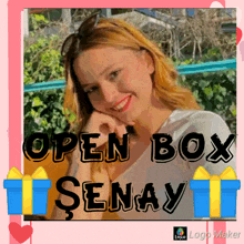 a picture of a woman with the words " open box senay " on it