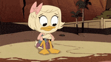 a cartoon duck with a bow on her head is sitting on the ground