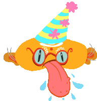 a cartoon character wearing a party hat and glasses is sticking its tongue out