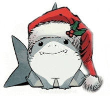 a drawing of a shark wearing a santa hat with holly