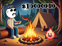 a cartoon of a man roasting a sausage over a campfire with the words $ dood written above him