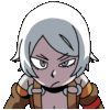 a cartoon character with white hair and a brown jacket is looking at the camera .