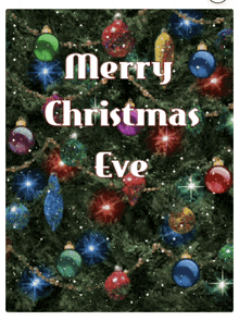 a merry christmas eve greeting card with a christmas tree in the background