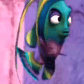 a cartoon fish with a purple background and a yellow tail