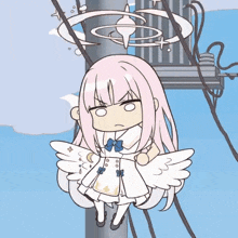 a little girl with pink hair and wings is sitting on top of a power pole .