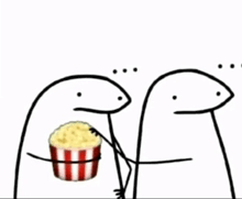 two stick figures are eating popcorn together .