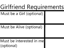 the girlfriend requirements must be a girl , must be alive , must be interested in me , and must be optional