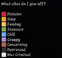 what vibes do i give off ? dictator simp femboy insecure chill creepy concerning depressed war criminal .